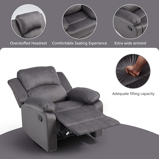 CANMOV Manual Recliner Chair, Soft Fabric Overstuffed Recliner Single Sofa Chair for Living Room Bedroom, Heavy Duty and Safety Reclining Mechanism, Dark Grey