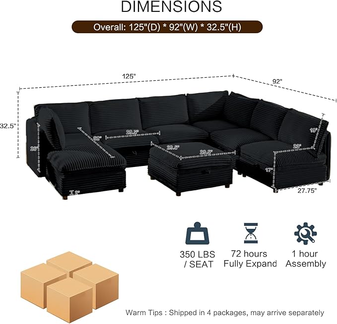 FIRLZY Oversized Modular 8 Seater Sofa with Removable Covers and Storage, Convertible U, L-Shaped and Sleeper Sectional, Modern Corduroy Couches with Ottoman Chaise for Living Room, Apartment, Black