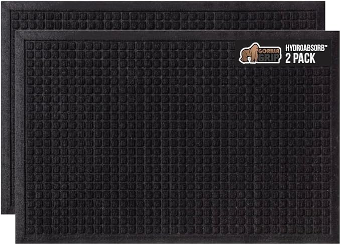 GORILLA GRIP Front Door Mat, 35x23 Black, Indoor Outdoor Ultra Absorbent HydroAbsorb Doormat, Absorbs Up to 1.7 Cups of Water, Stain and Fade Resistant, Rubber Backing Doormats, Captures Dirt, 2 Pack