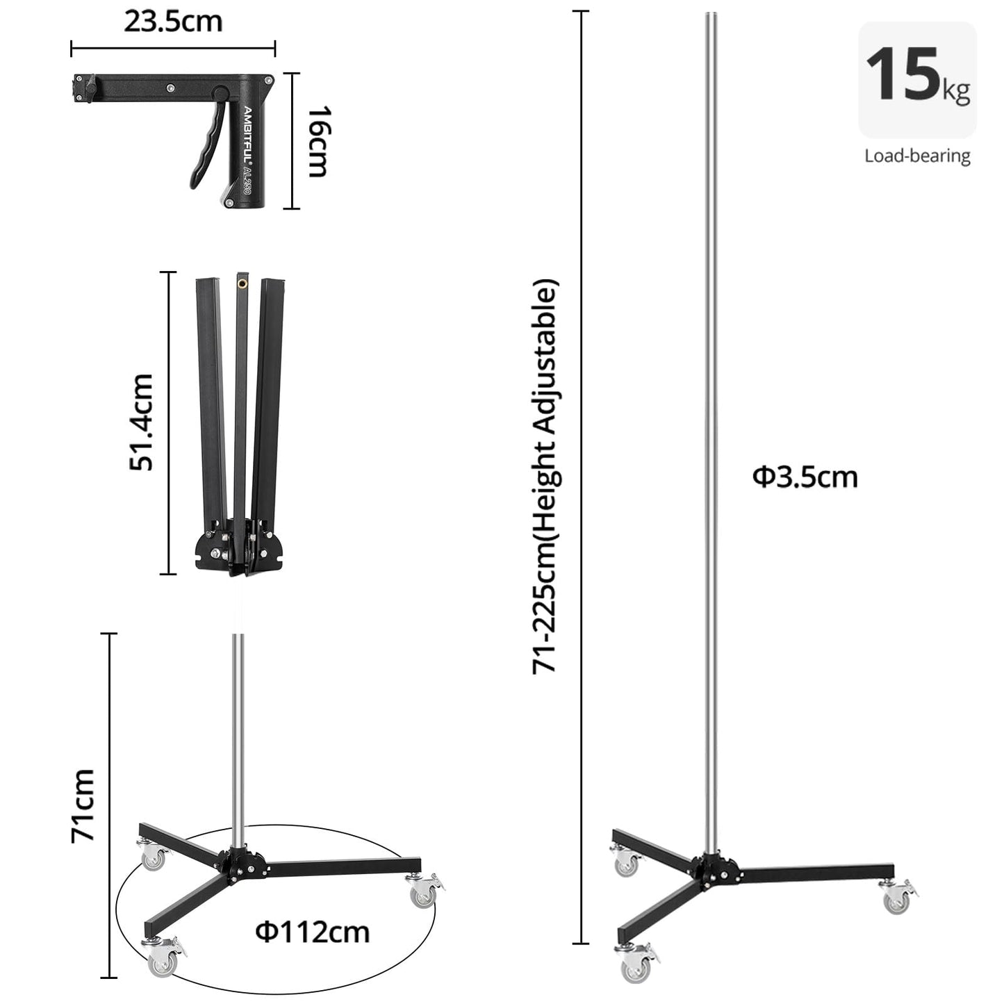 Ambitful Al250 Steel Wheeled Mobile Heavy Duty Light Stand For Photography W/Sliding Grip Arm & Chrome-Plated Column Stand, Maxs