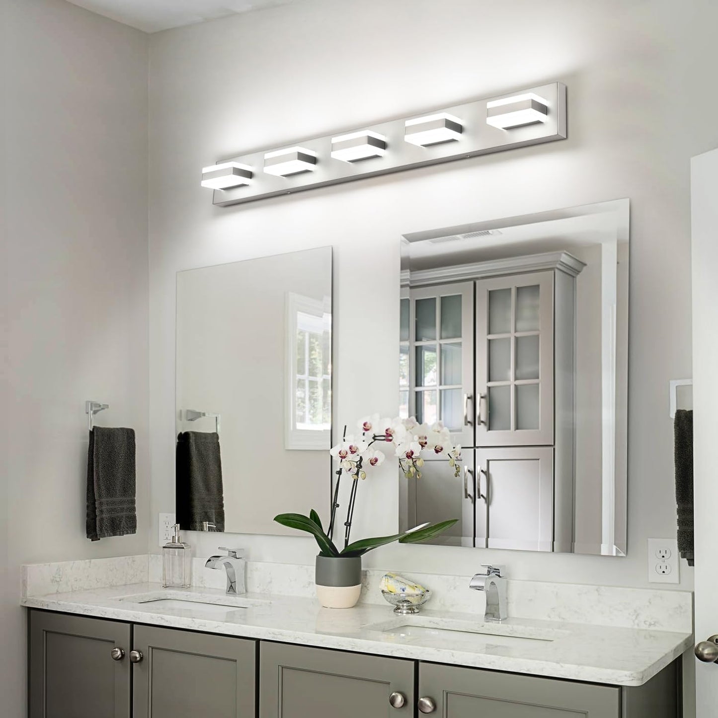 SOLFART 5 Light Bathroom Vanity Light Brushed Nickel Bathroom Vanity Light Fixtures Over Mirror Led Lights for Restroom Nickel