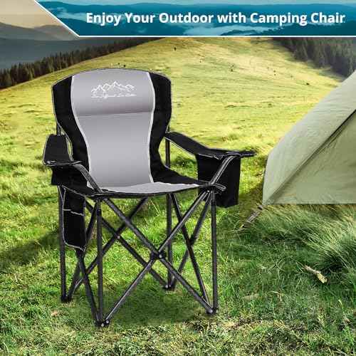 SAILARY Folding Camping Chair, Heavy Duty Portable Lawn Chairs with Cooler Bag, Side Pocket & Cup Holder, Folding Chairs for Outside Support 450lbs Black