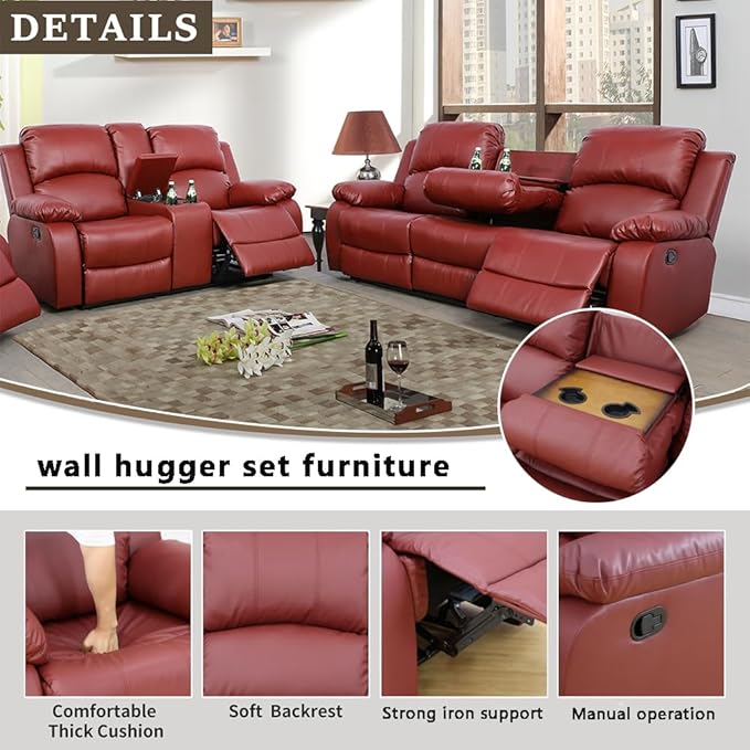 A Ainehome Living Room Furniture Set Leather Recliner Sofa Set Loveseat Chair Furniture Sofa Set for Living Room/Small Space/Rv/House/Office/Theater Seating (A-Red Leather, Sofa+Loveseat)