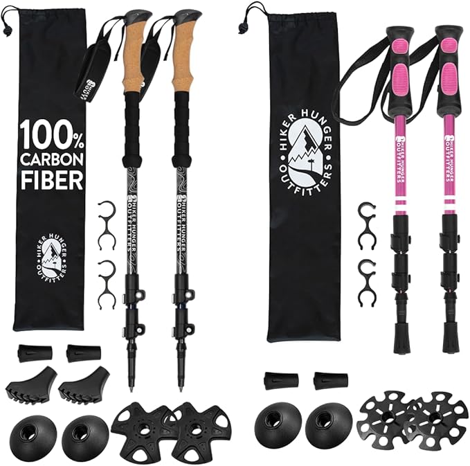 Lightweight Collapsible Trekking Poles for Kids (Pink) & Carbon Fiber Aluminum Walking Sticks with Cork Grips (Black) with...