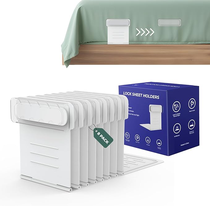 Sheet Holders 8Pcs, Keep Bed Sheets Firm & Tight, Sheet Holder for Corners for Mom Gift, Bed Sheet Locker for No More Loose Sheets, Sheet Fasteners, Patented Lock Sheet Holders for All Mattress Sizes