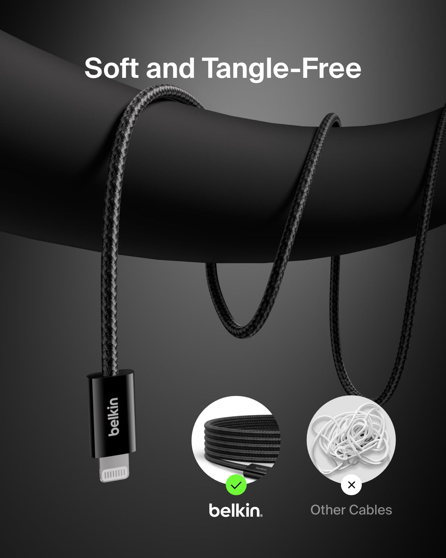 Belkin USB C Cable w/Lightning Connector, 6.6ft - Soft, Flexible Fast-Charging Cable, Lightning Charger Cord for iPhone 14 & Earlier Series, iPad 9th Gen, Airpods & More - Black