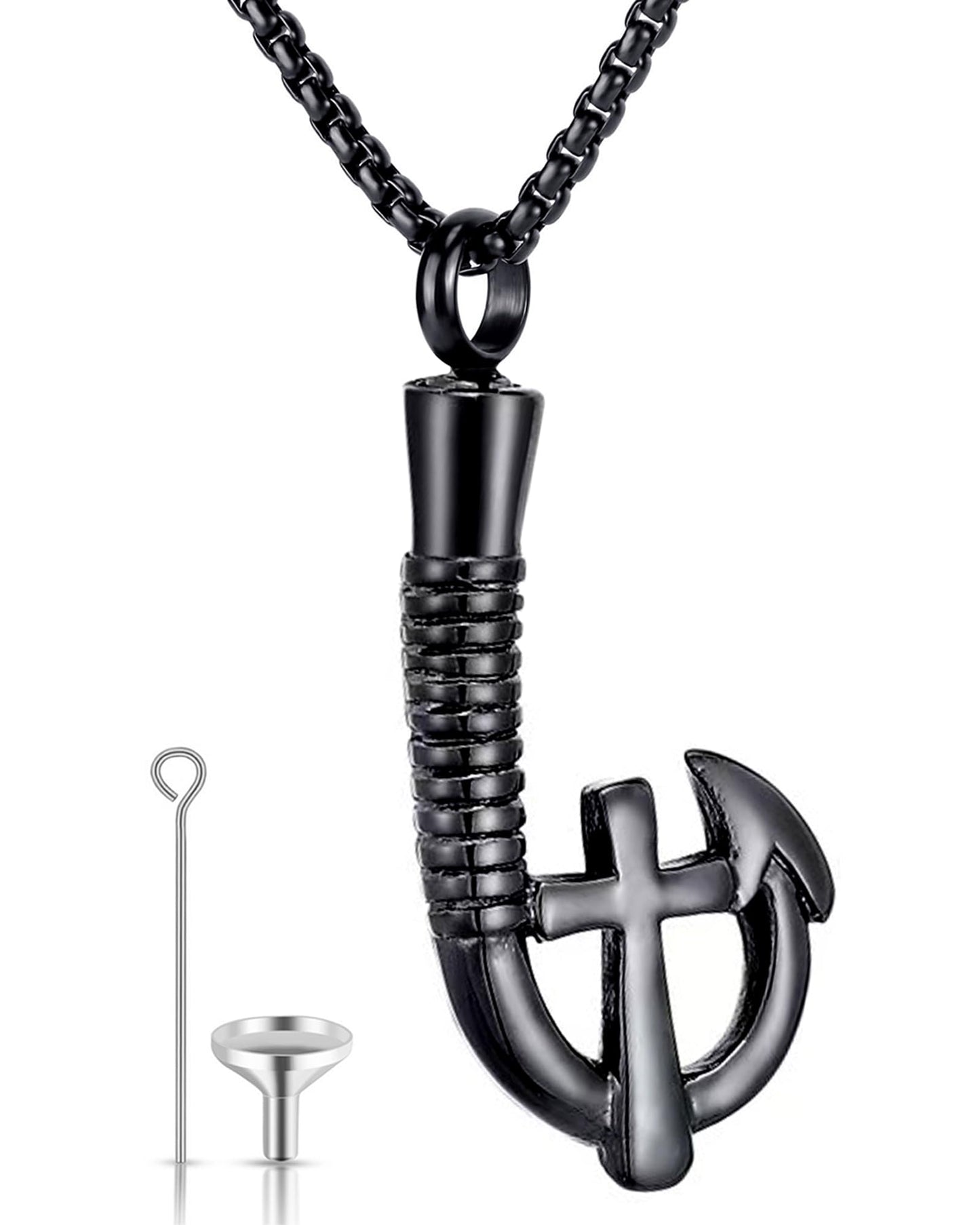 YOUFENG Fishing Hook Urn Necklace for Ashes Stainless Steel Cremation Jewelry Cross Ashes Necklaces Memorial Keepsake Black