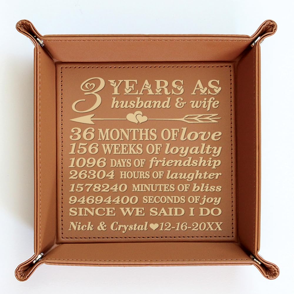 Bella Busta-Personalize 3 Years as Husband and Wife Theme-Traditional 3th Anniversary Keepsake -Engraved Leather Tray Valet (Rawhide)