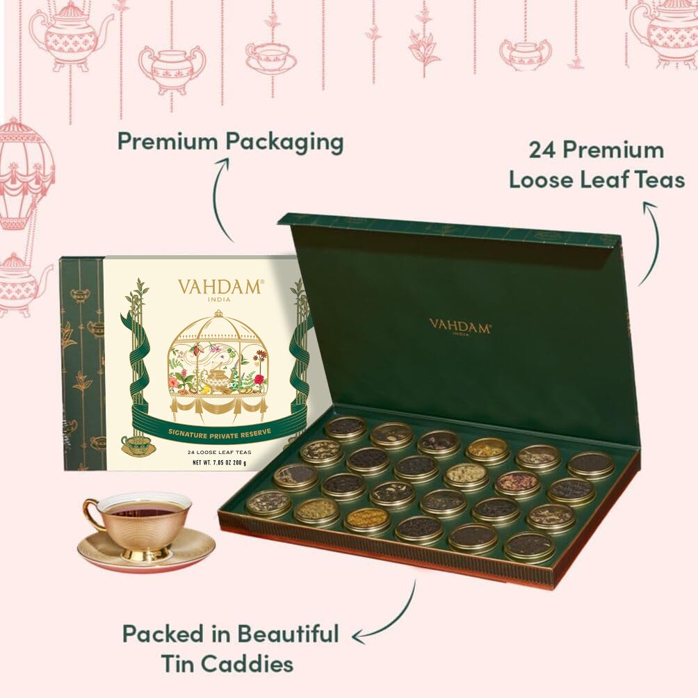 VAHDAM, Luxury Tea Gift Set | 24 Unique Loose Leaf Teas in Tin Caddies - Premium Tea Gift Box | Gifts for Women & Men