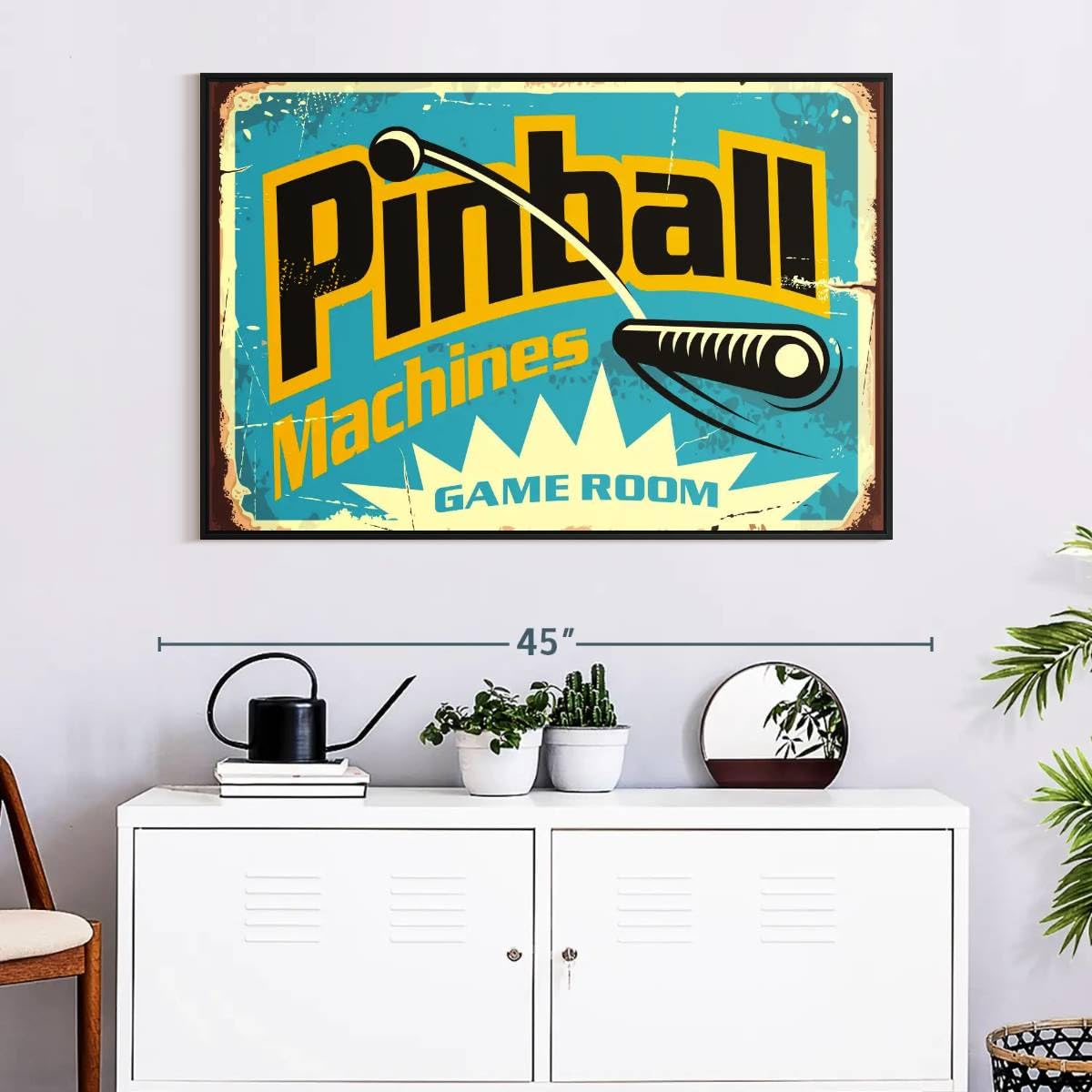 ElephantStock Pinball Machine Game Room Wall Art - Horizontal Floating Framed Canvas - 1-Piece Living Room Wall Decor - Retro Digital Art Canvas Print - Turquoise and Black Decor for Wall - 40" X 27"