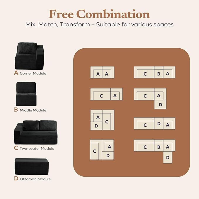 Furnify 136" Cloud Sectional Couch, Left/Right Facing Convertible Sofa with Deep Seat, L-Shape Modular Upholstered Foam Couch for Living Room Bedroom, No Assembly Required (Corduroy Fabric, Black)