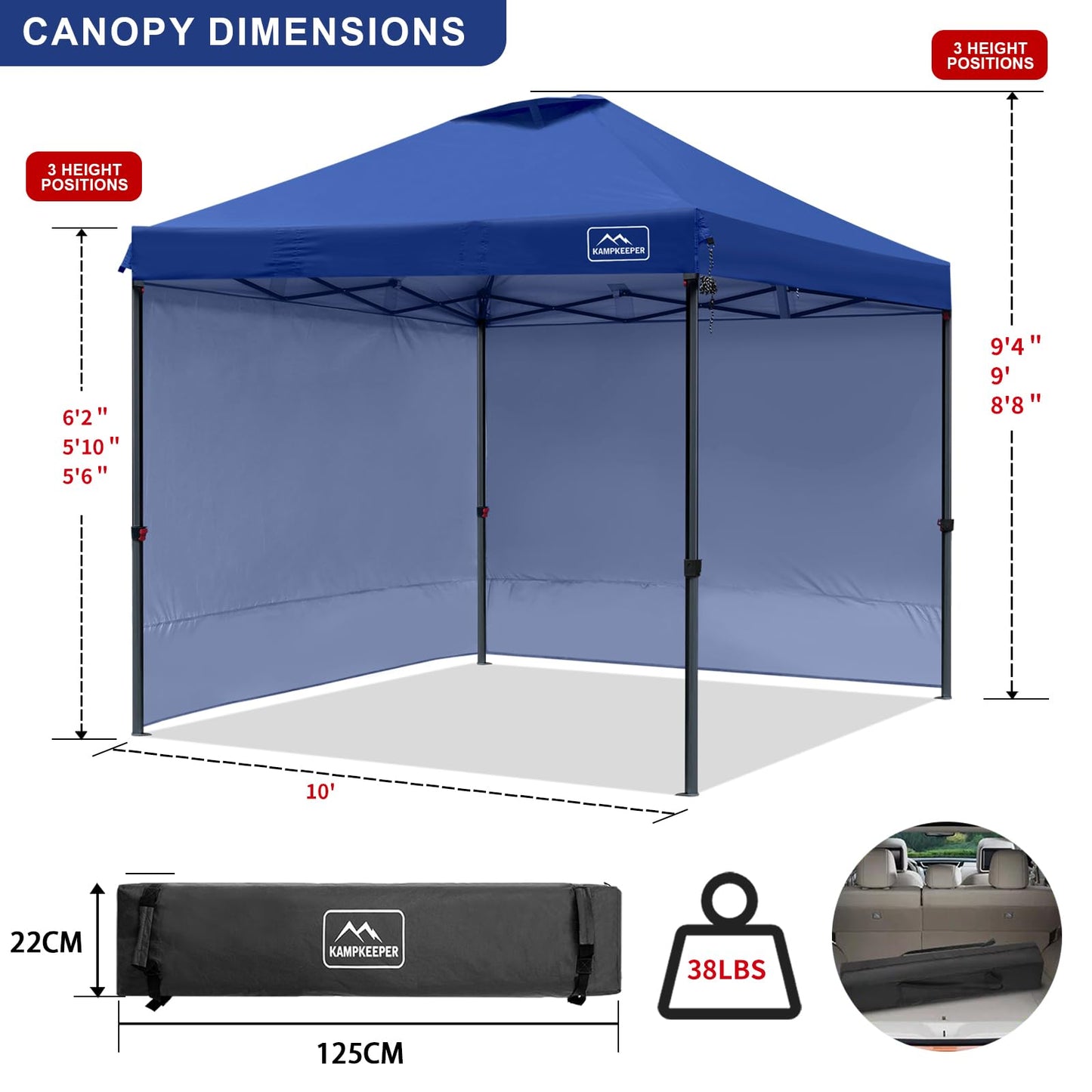 KAMPKEEPER 10x10 Pop Up Canopy Tent with 2 Sidewalls, Beach Tent - Easy Outdoor Sun Shade for Events, Parties, Camping - Gazebo with 4 Weight Bags & Carry Bag.（Navy Blue）