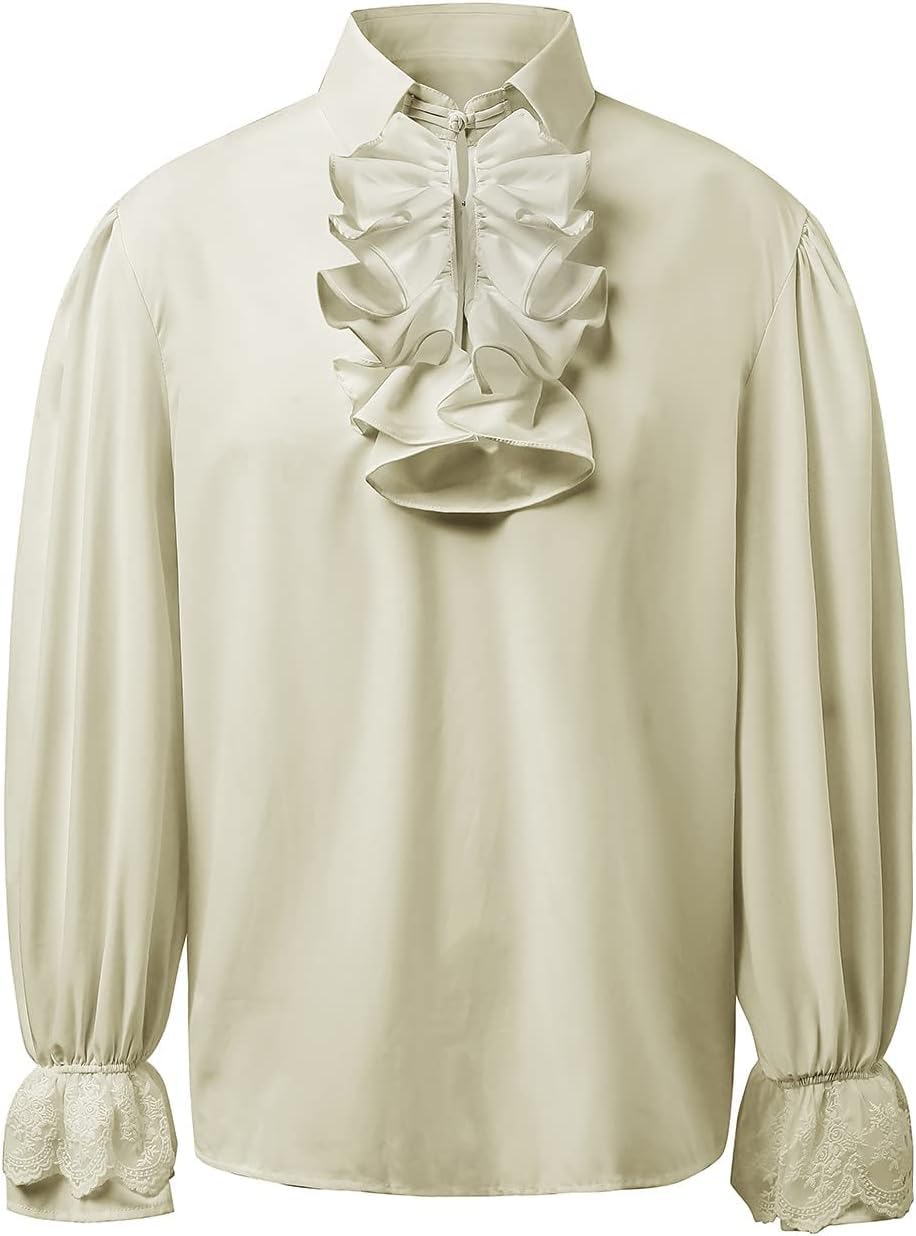 SMIFCAALOR Mens Pirate Shirt Steampunk Victorian Cosplay Shirts Medieval Costume Renaissance Halloween Costume Tops Beige