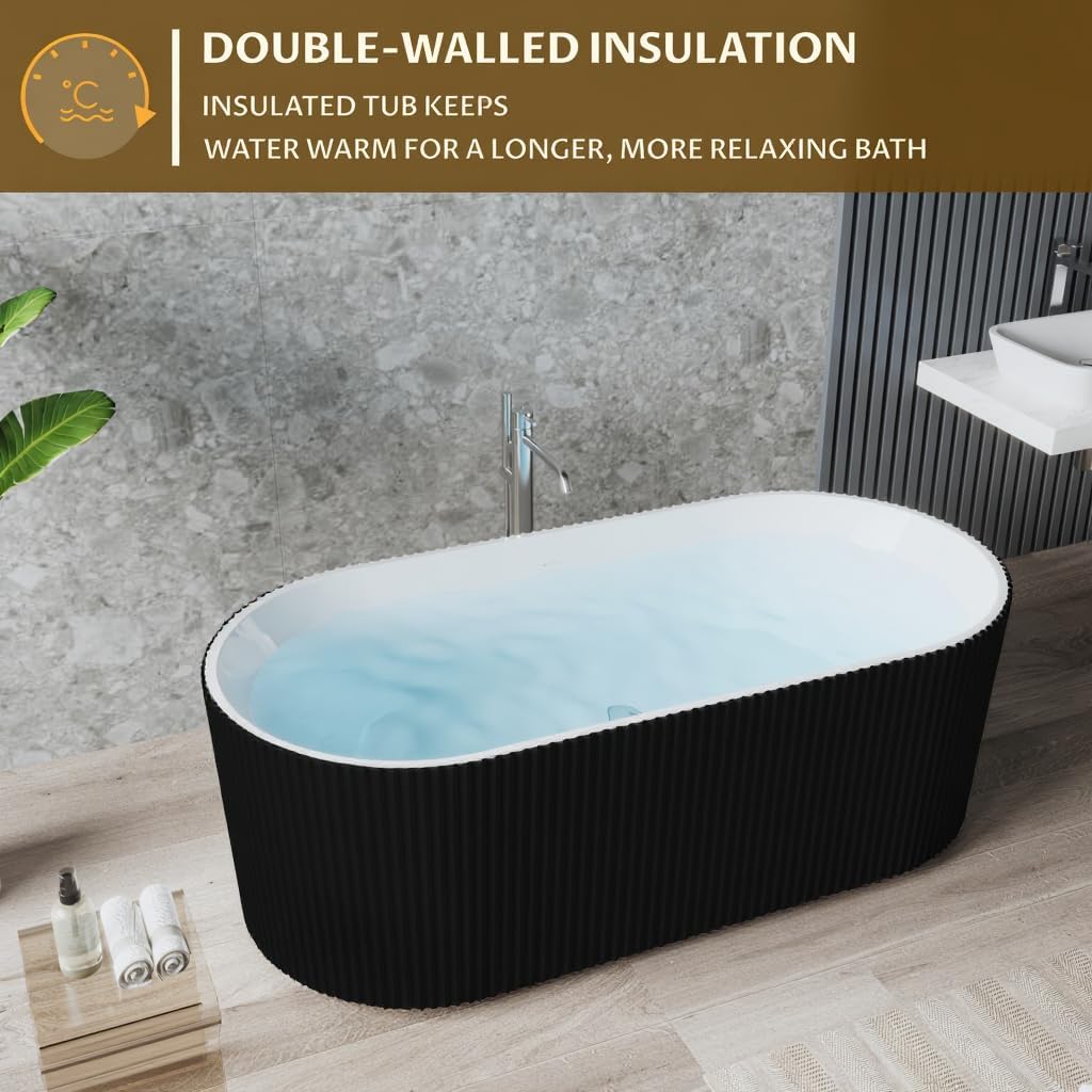 67" Freestanding Bathtub, Deep Soaking Tub with Non-Slip Base, CUPC Certified Stand Alone Tub, Modern Bathroom Soaker Tub with Chrome Drain, Easy Install, White