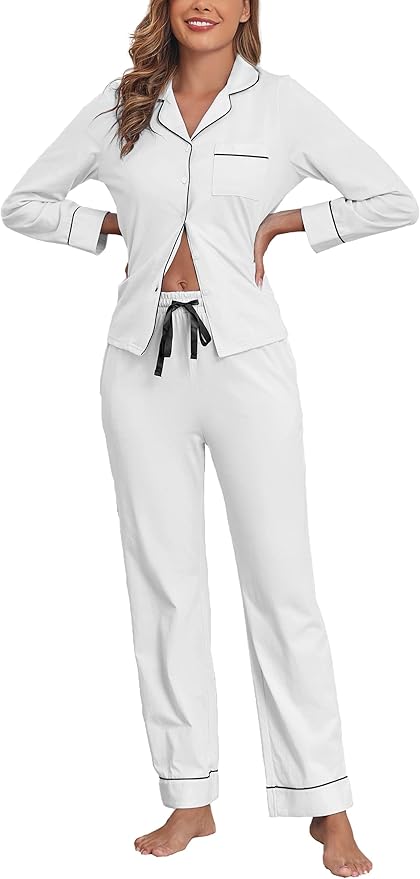 Veseacky 100% Cotton Pajamas for Women Set Long Sleeve Button Down Sleepwear Soft Pjs Lounge Sets with Pockets XS-XXL