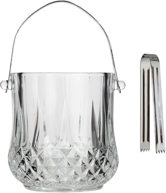 Lily's Home 1000ml -4.62" L x 4.62" W x 8.5" H - Glass Ice Bucket with Handle and Stainless Steel Tongs, Sparkling Ice Buc...