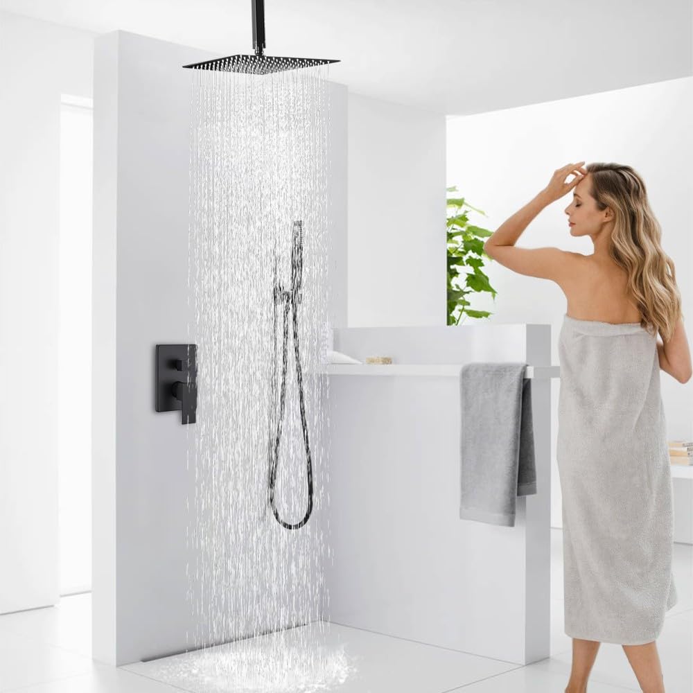 YCAIKOI 12 Inch Matte Black Ceiling Mount Shower System Bathroom Luxury Rain Mixer Shower Combo Set Ceiling Rainfall Shower Head System Faucet Contain Rough-in Valve and Trim Included