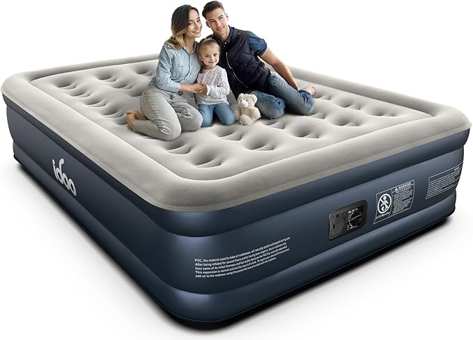iDOO Queen Air Mattress with Built in Pump, 18 Raised Comfort Inflatable Mattress Blow up Mattress, Upgraded Four Chamber Portable Air Bed for Camping, Guests and Home, Colchon Inflable, 650 lbs Max