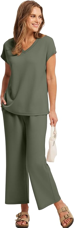 Saloogoe Two Piece Sets for Women Summer Outfits Lounge Sets V Neck Tops Wide Leg Pants Woman Vacation Travel Outfits
