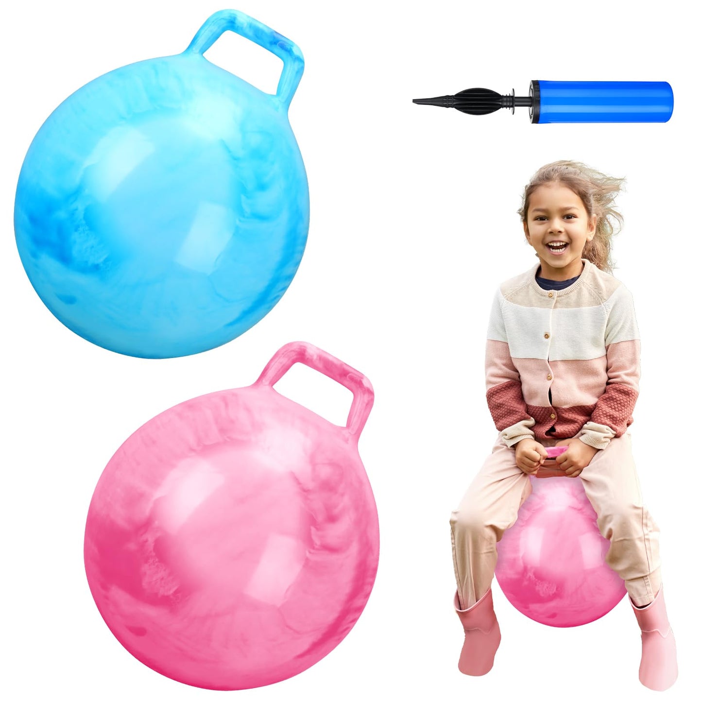 Poen 2 Pcs Bouncing Ball with Handle, Hopper Jumping Hopping Ball with Air Pump for Games(18 Inch,Marbled Pink, Marbled Blue)