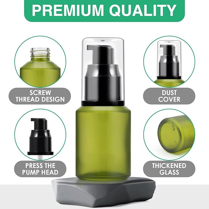 3PCS 30ML/1OZ Empty Green Frosted Glass Bottles with Pump Refillable Vial Cosmetic Dispenser Jars Storage Travel Lotion Container Portable Sample Bottle for Toiletries,Foundation,Cream,Gel,Lotion