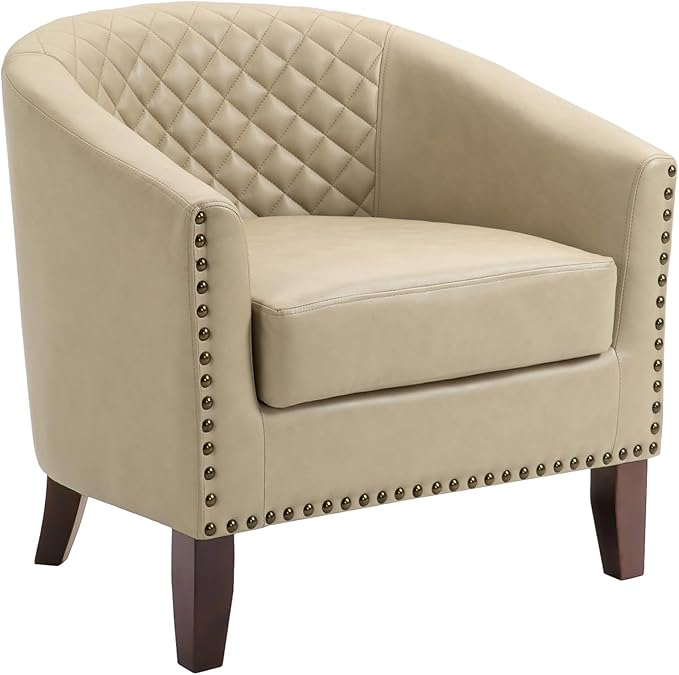 UIXE Faux Leather Barrel Accent Chairs Set of 6, Modern Club Upholstered Arm Chair, Comfy Armchair Nailed Trim Living Room Single Sofa Reading Seat Bedroom Side Sitting for Office, Beige