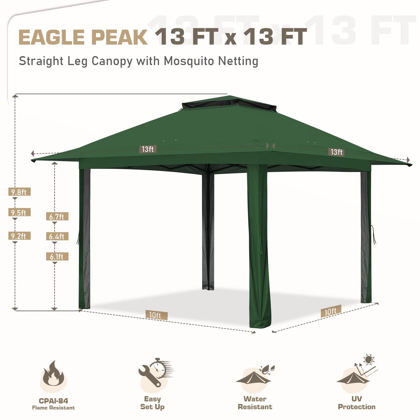 EAGLE PEAK 13x13 Pop Up Gazebo with Mesh Netting, Easy Up Screened Canopy for Patio and Backyard, Easy Set up Outdoor Gazebo (Green)