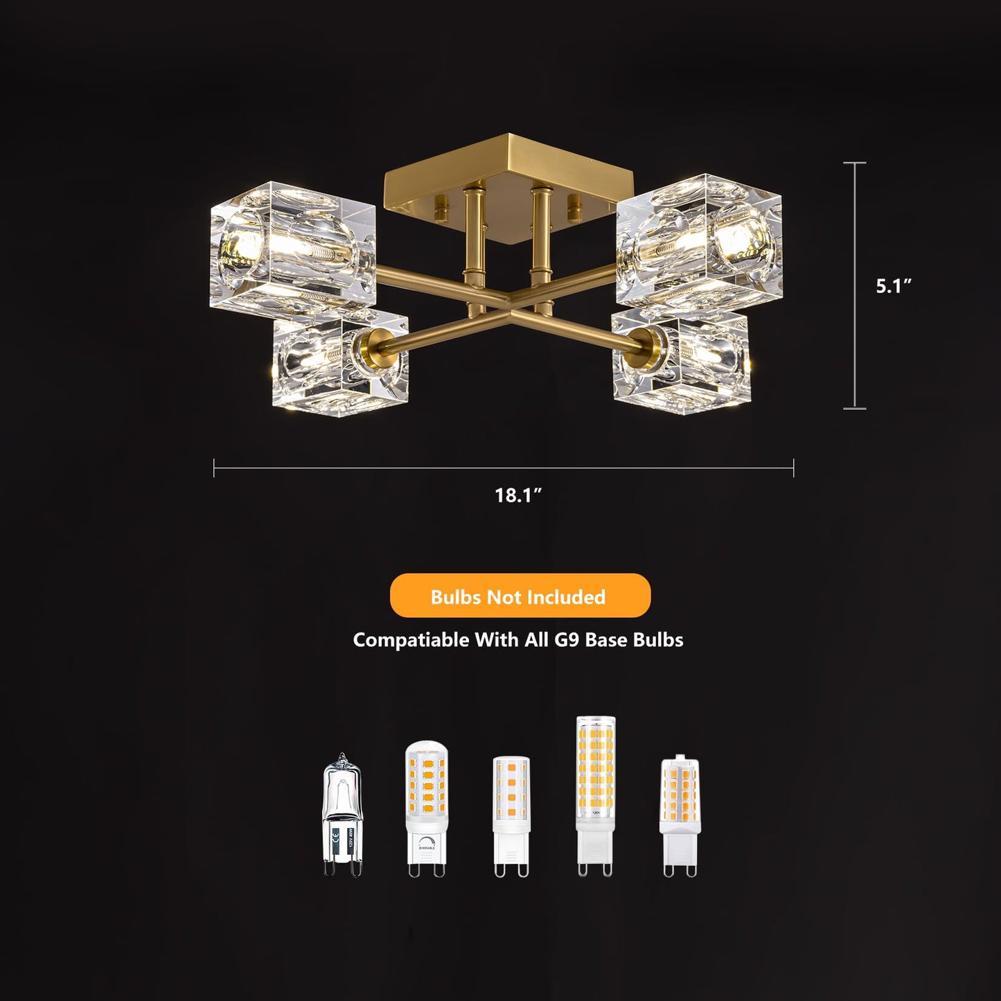 OKES Gold Modern Sputnik Chandelier Ceiling Light Fixtures,4-Lights Industrial Crystal Semi Flush Mount Ceiling Light for Bedroom Dining Room Hallway Kitchen Bedroom Entryway