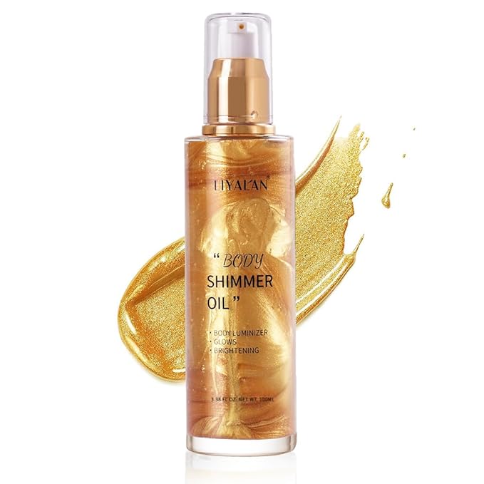 Liyalan Shimmer Body Oil 5 Color Gold 3.38 Fl Oz Face Glow Pearl Highlighter Illuminator Body Makeup Shine Glitter Gold Li...