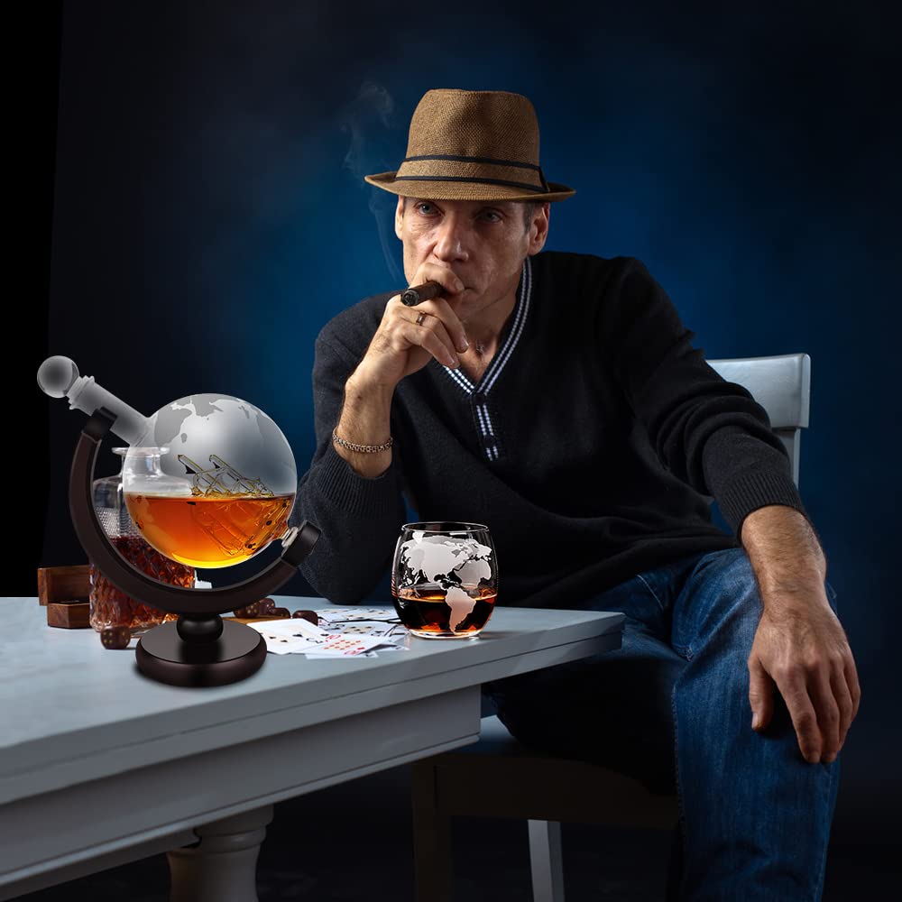 BLOCE Whiskey Decanter Sets for Men with Glasses, Etched World Globe Whiskey Gifts for Dad with 2 Glasses, 4 Ice Cubes Set, Dad Birthday Gift for All Kinds of Alcohol Drinks and Vodka