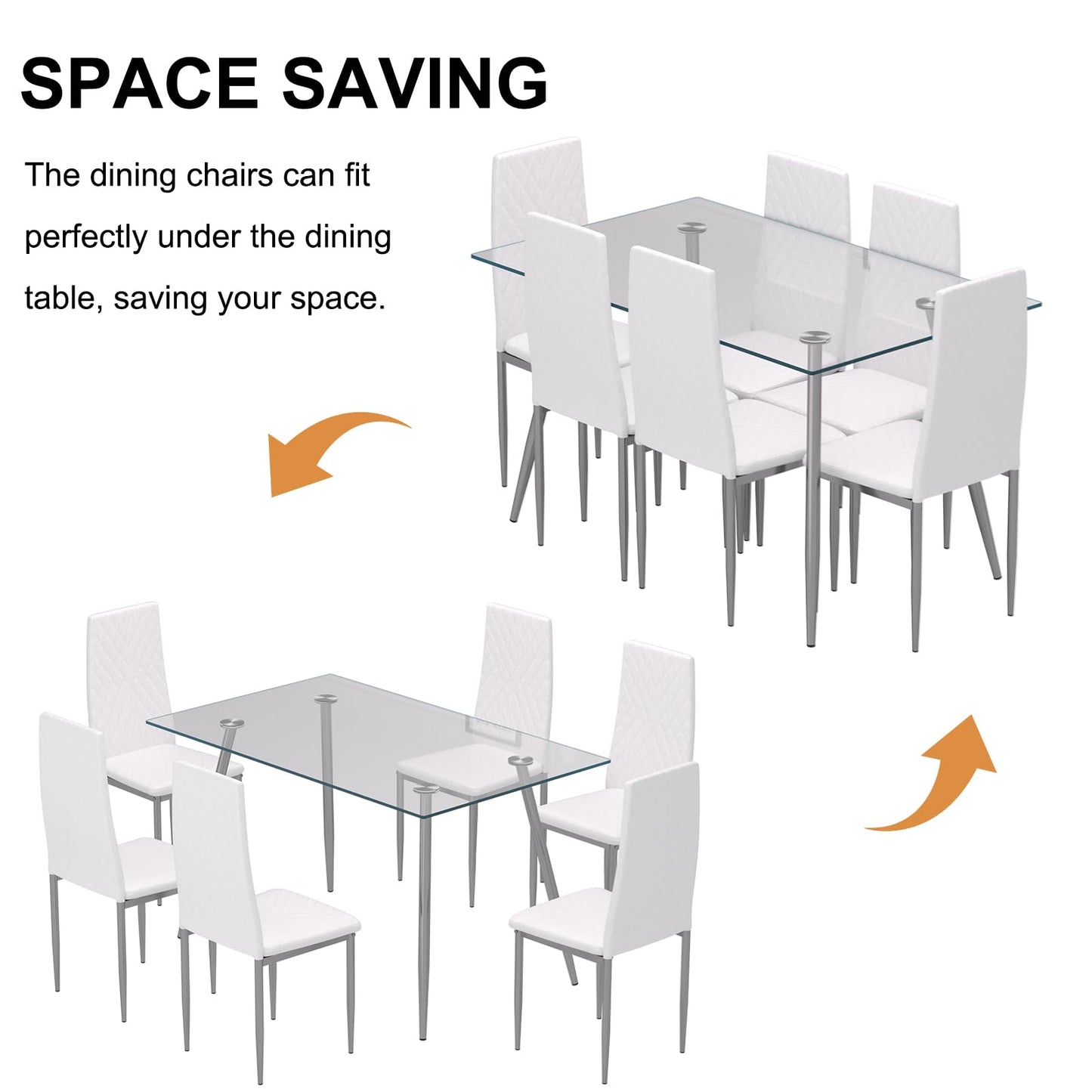QJZLXKYT Glass Dining Table Set, Glass Dining Room Table with Chairs for 6 People, 7 Piece Kitchen Table and Chairs Set, Modern Style, Perfect for Small Space, Easy Assembly (Include 6 White Chairs)
