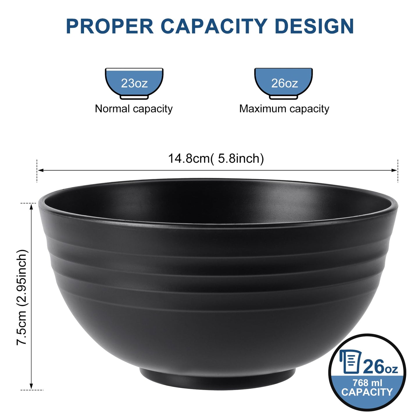 HOTEC BPA Free Unbreakable Wheat Straw Cereal Bowls - Microwave & Dishwasher Safe Soup and Salad Bowls, Set of 8, 26oz, Black