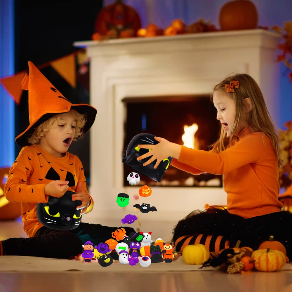YUJUN 24PCS Halloween Mochi Squishy Toys with Black Cauldron,Kawaii Squishies Mini Stress Relief Toys for Halloween Party Favors Goodie Bag Stuffers for Kids Boys Girls