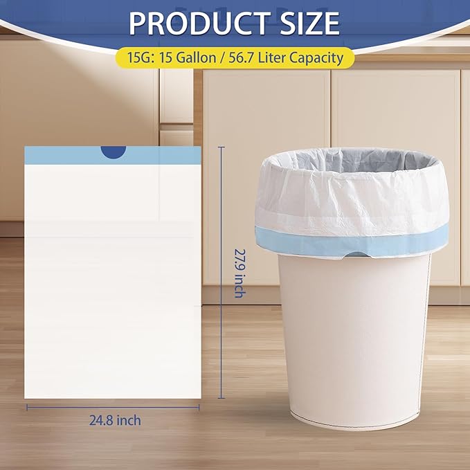 15 Gallon Trash Bags with Drawstring - 120 Count Heavy Duty 1.7 Mil Garbage Bags 56 Liter Tall Kitchen Bin Liners Unscented White for Home Yard Lawn