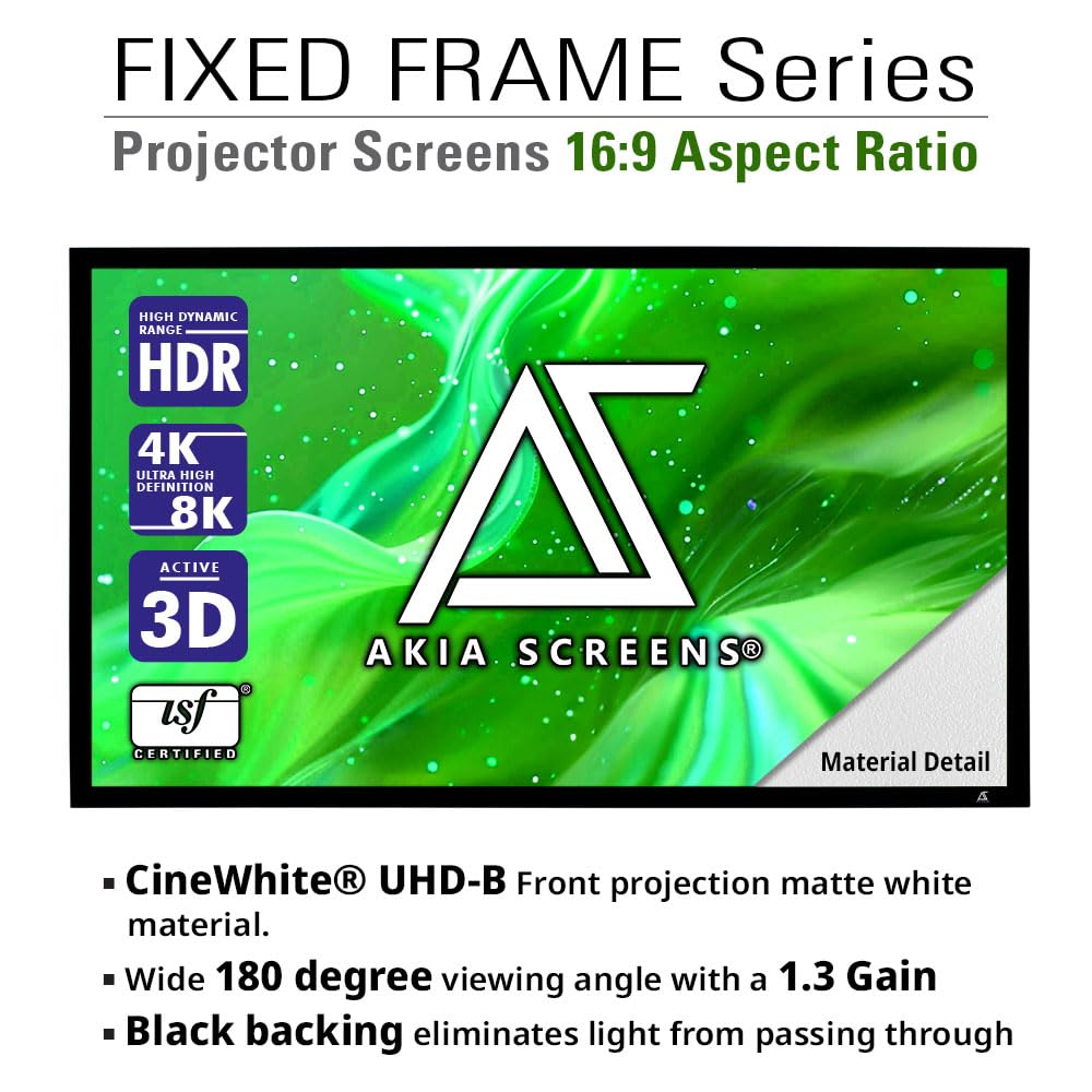 Akia Screens Fixed Frame Projector Screen 120-Inch, 16:9, Wall Mount, CINEWHITE UHD-B, 4K/8K Ready, Indoor Home Theater, AK-FF120WH2