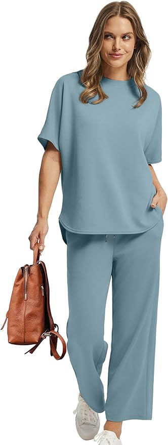 Sampeel Two Piece Sets for Women Summer Outfits Oversized Wide Leg Crop Pants Lounge Sets Airport Beach Vacation Clothes