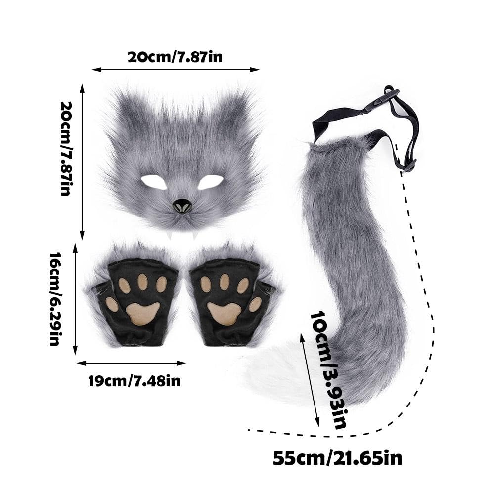 Faux Fur Cat Wolf Mask Tail and Gloves Set Furry Paw Gloves Costume Cosplay Animal for Halloween Christmas Party