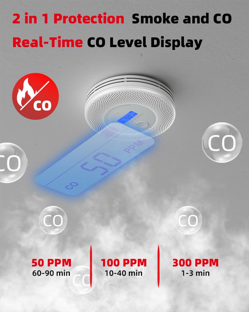 KIMROG 10-Year Sealed Battery 2-in-1 Smoke & Carbon Monoxide Detector Alarm | Home/Garage Combo CO & Smoke Alarm Detector with Backlit LCD Display & V-0 Flame-Retardant Housing (1-Pack)