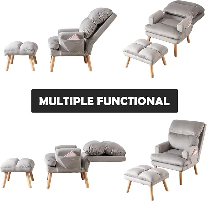 CANMOV Modern Accent Chair with Ottoman, Soft Fabric Armchair with Adjustable Backrest and Side Pockets, Comfy Lounge Chair for Living Room, Bedroom, Apartment, Office, Grey