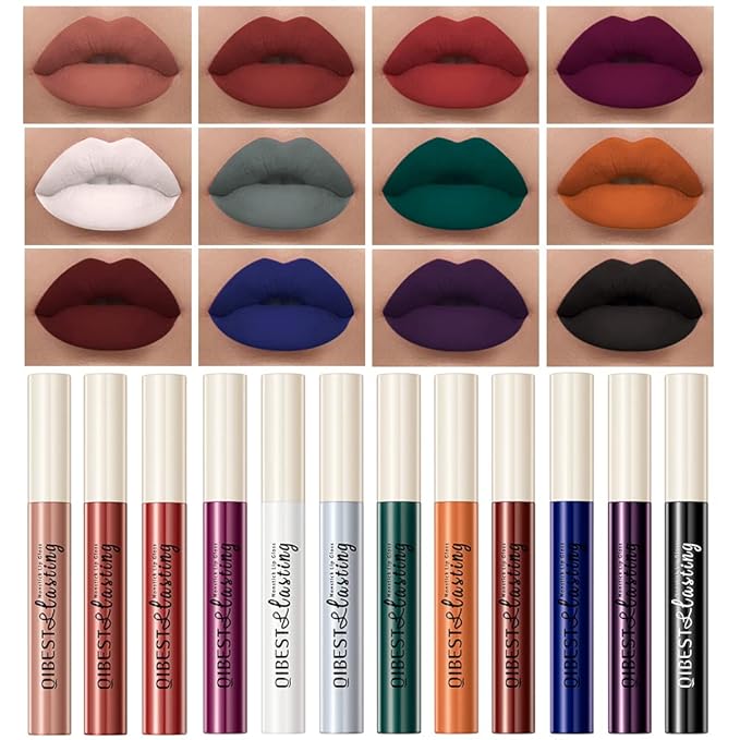 QiBest Goth Black & Bold Lipstick for Halloween Makeup, Matte Liquid Lipstick for Girls & Women, 24 Hours Long Lasting Waterproof Lip Gloss Gift Set, Non-Stick Cup Mate Duracion 24 Horas Lip Stains