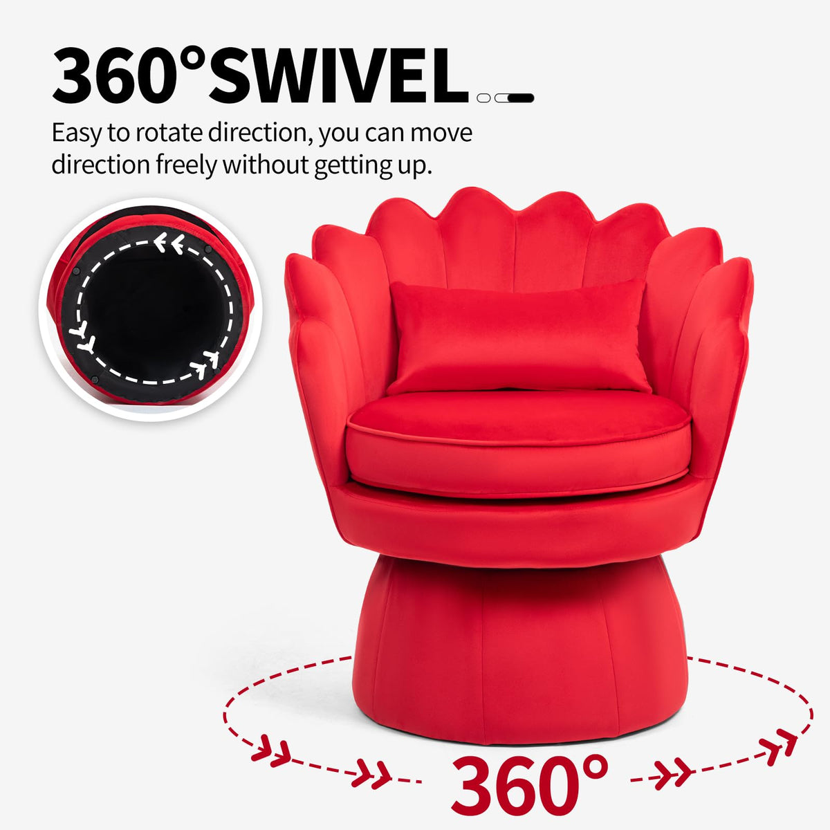 ZJhome 360° Swivel Accent Chair, Mid-Century Modern Velvet Barrel Chair, Comfy Shell Shape Arm Chair with Lumbar Pillow for Living Room, Bedroom, Office, Rose Red