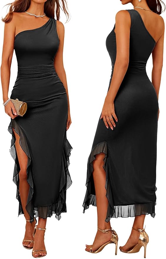 DRESSTELLS Women Formal Wedding Guest Long Cocktail Party One Shoulder Mesh Ruched Bodycon Maxi Ruffle Slit Dress