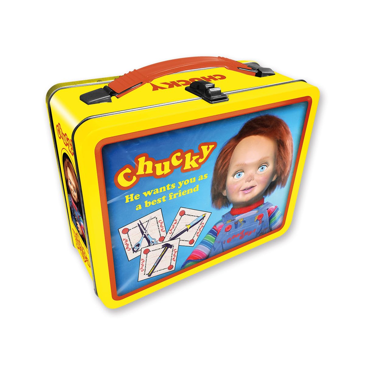AQUARIUS Chucky Fun Box - Sturdy Tin Storage Box with Plastic Handle & Embossed Front Cover - Officially Licensed Child's Play Merchandise & Collectible Gift for Kids, Teens & Adults