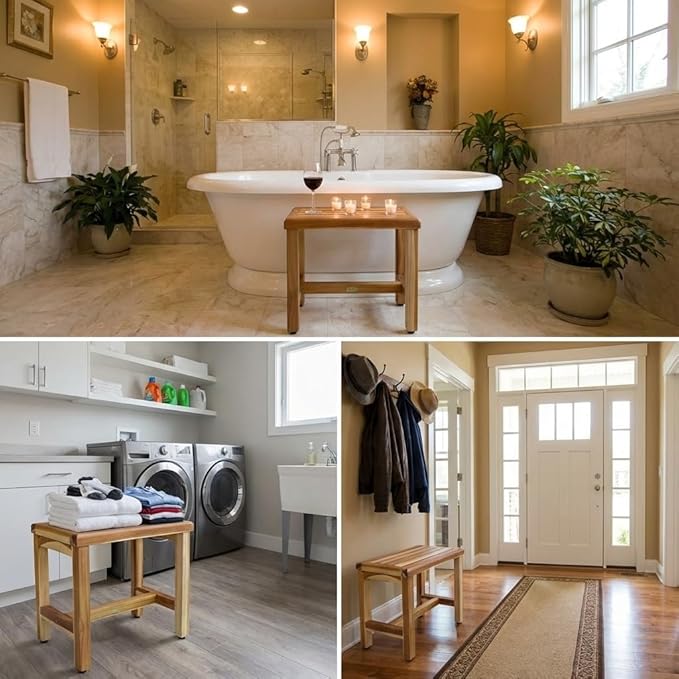 EcoDecors 18 Inch Natural Teak Waterproof Teak Wood Shower Bench Stool Seat Chair For Inside Shower Provides Safety, Storage, and Organization For Bathroom Accessories