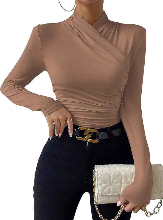 SweatyRocks Women's Ruched Mock Neck Long Sleeve T Shirt Solid Slim Fitted Tee Tops