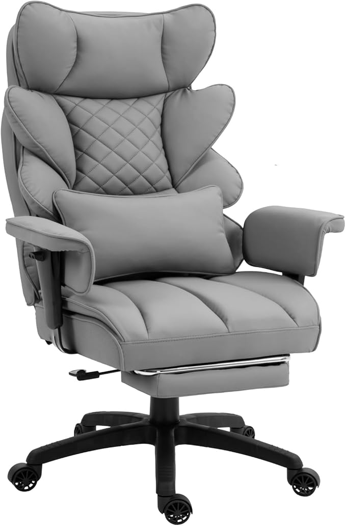 Dowinx Big and Tall Office Chair with Pocket Spring Cushion,High Back Computer Gaming Chairs with Adjustable Armrests and Lumbar Support,Executive Desk Chairs with Footrest(PU Leather,Grey)