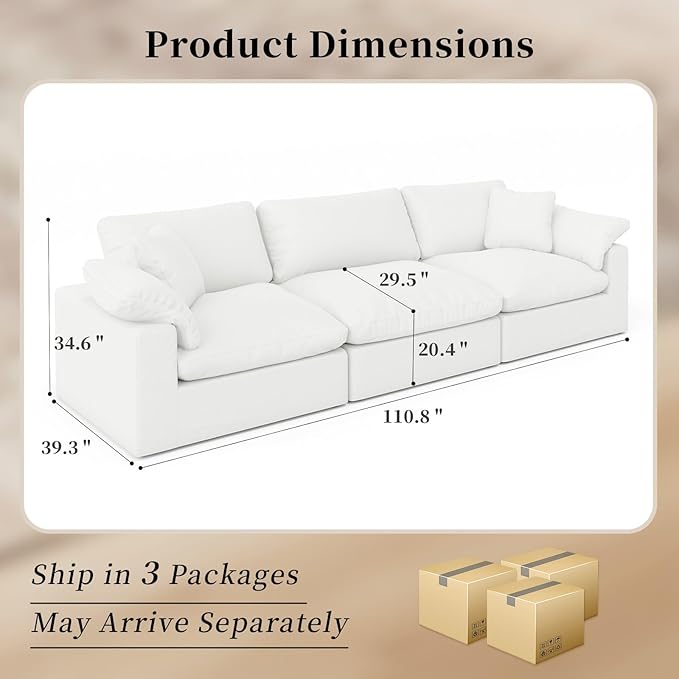 Intuition Decor Modular Sectional Sofa Cloud Couch,Down Filled Comfy Cloud Modern Sofa,White Linen Oversized Couch Cushion Covers Removable for Living Room(3 Seater)