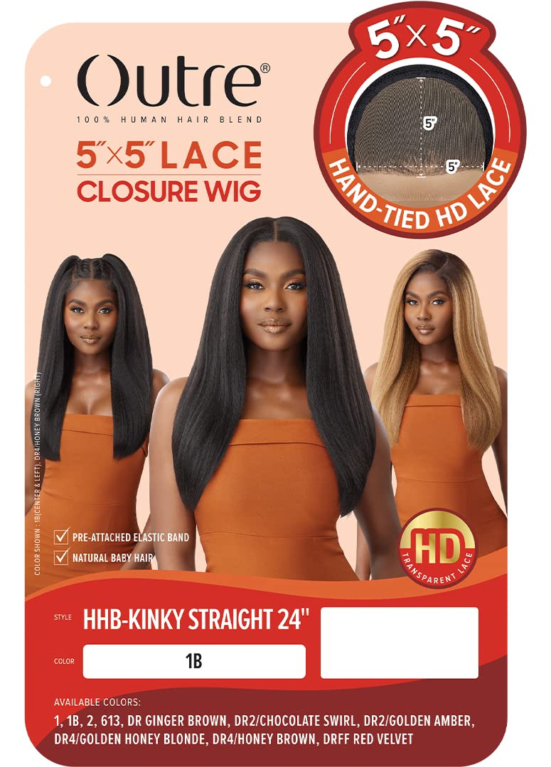Outre - 5X5 Lace Closure Wig - Human Hair Blend - Kinky Straight 24 (DARK BROWN 2)
