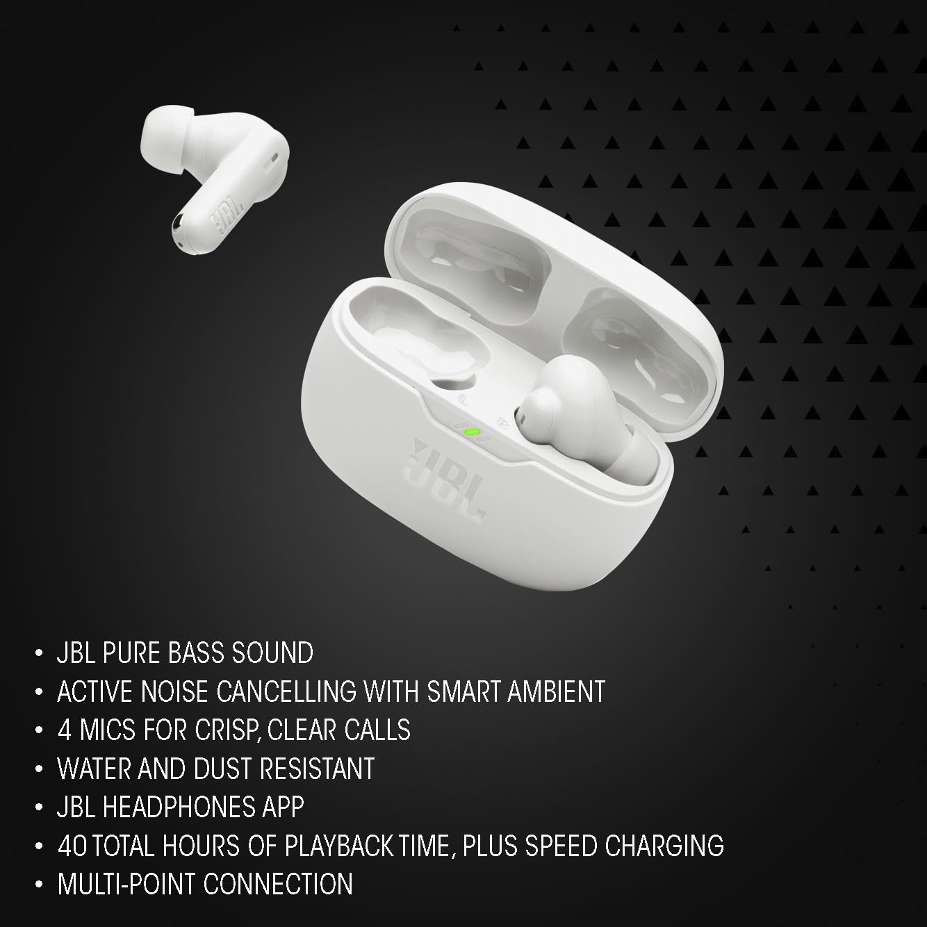 JBL Vibe Beam 2 - True Wireless Noise Cancelling Earbuds Pure Bass Sound & Smart Ambient Technology, 4mics for Crisp, Clear Calls, up to 40Hrs of Playback, IP54 Dust & Water Resistant (Black)