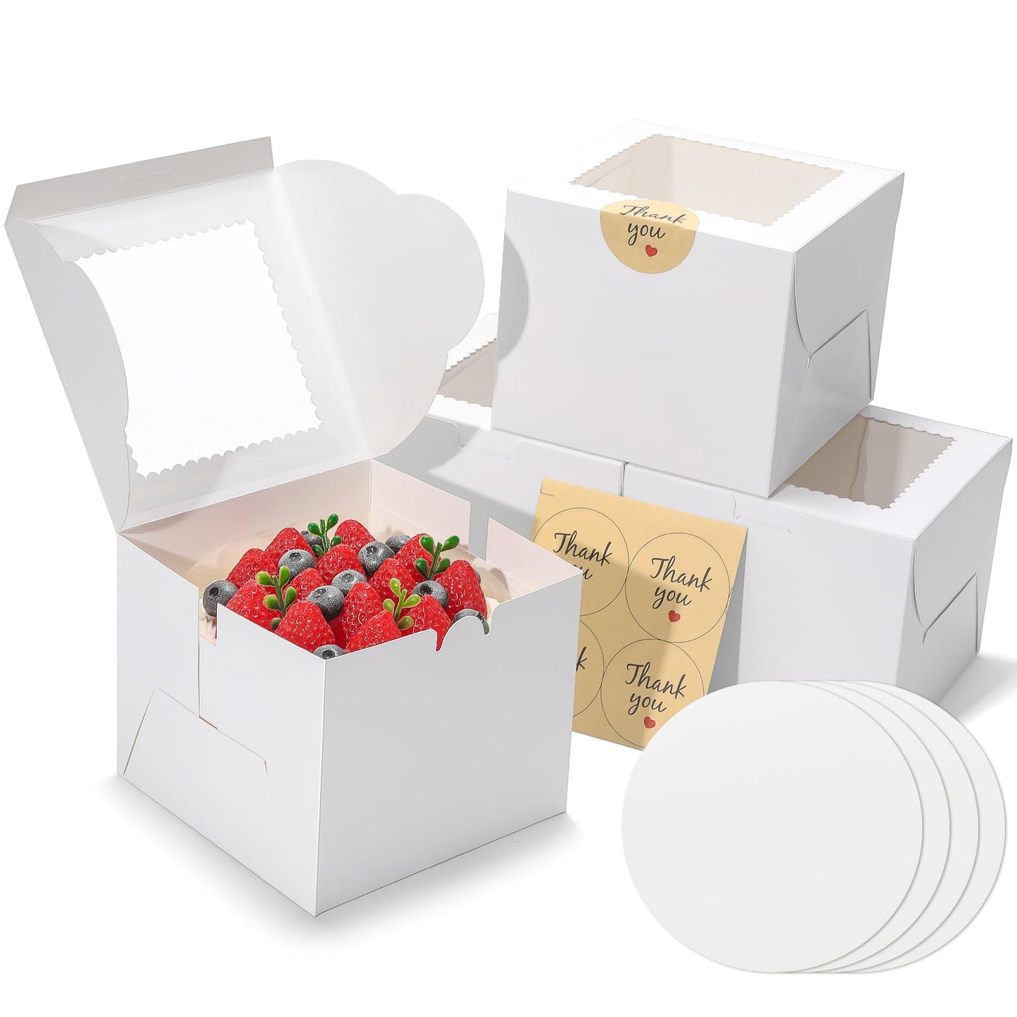 EQOREIIN 4pcs 6 Inch Cake Boxes with Sticks and Boards for Cookies, Small Cakes, Mini Desserts, Bento, and Bakery, Cupcake Box for Birthday, Party, Wedding, Mother's Day, Christmas（6x6x5 inch）